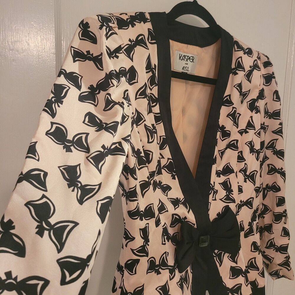 2PC Vtg Pink Black BOW Cocktail Skirt Suit faux silk Set Size 6 7 Small Coquette - Picture 13 of 15
